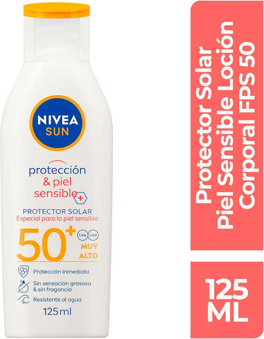 Protector Solar Corporal NIVEA SUN Protección & Piel Sensible FPS 50+ 125Ml, Sin Fragancia