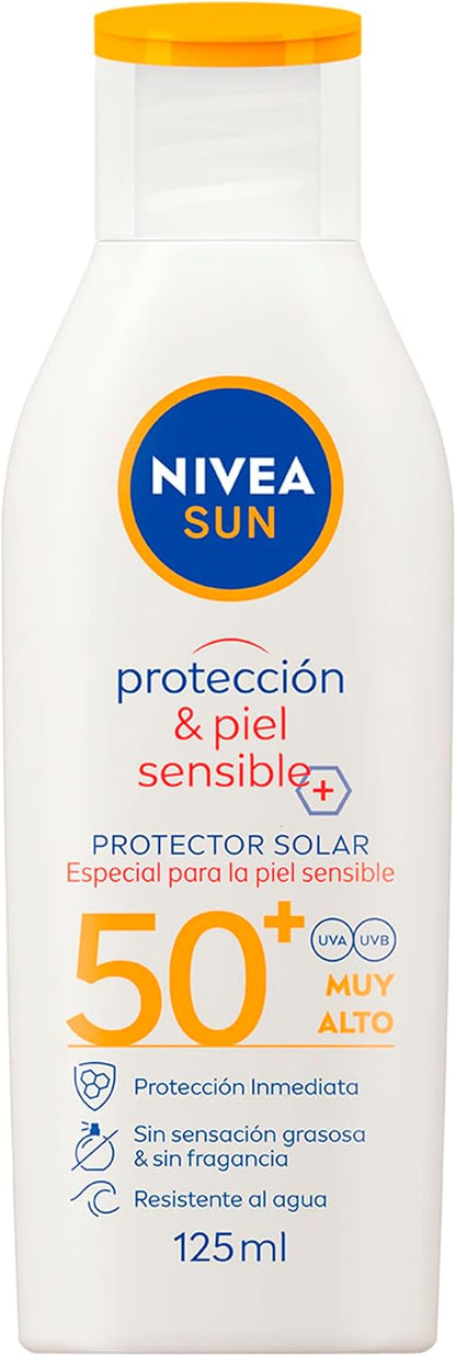 Protector Solar Corporal NIVEA SUN Protección & Piel Sensible FPS 50+ 125Ml, Sin Fragancia