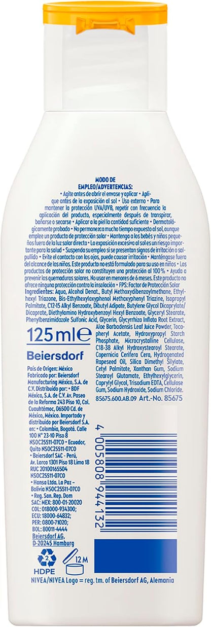Protector Solar Corporal NIVEA SUN Protección & Piel Sensible FPS 50+ 125Ml, Sin Fragancia