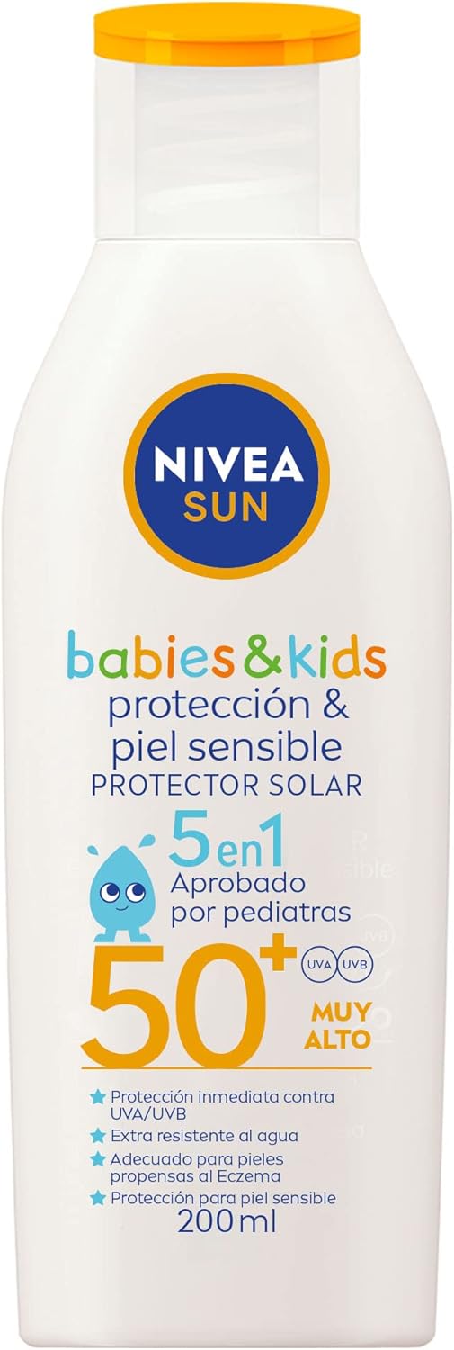 Protector Solar Corporal NIVEA SUN Protección & Piel Sensible Kids FPS 50+ 200Ml, Loción Sin Fragancia