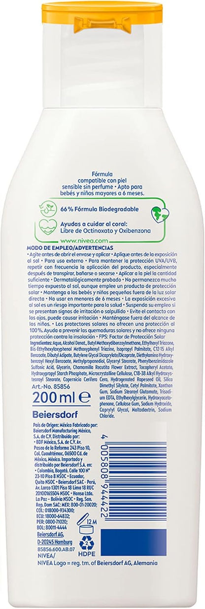 Protector Solar Corporal NIVEA SUN Protección & Piel Sensible Kids FPS 50+ 200Ml, Loción Sin Fragancia