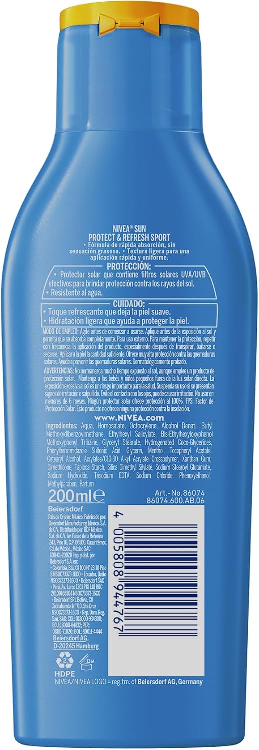 Protector Solar Corporal NIVEA SUN Protect & Refresh Sport En Loción FPS 50+ 200Ml, Rápida Absorción