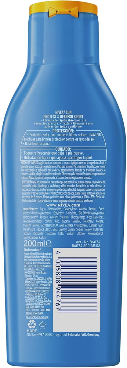 Protector Solar Corporal NIVEA SUN Protect & Refresh Sport En Loción FPS 50+ 200Ml, Rápida Absorción