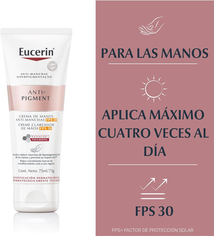 Eucerin Crema Para Manos Anti-Pigment Fps 30 (75 Ml), Con Ácido Hialurónico, Reduce Manchas y Mantiene Piel Hidratada