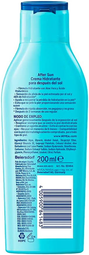 NIVEA SUN Crema Hidratante después del Bronceado After Sun Hidratante (200 ml), Enriquecido con Aloe Vera y Ácido Hialurónico para un Alivio Instantáneo