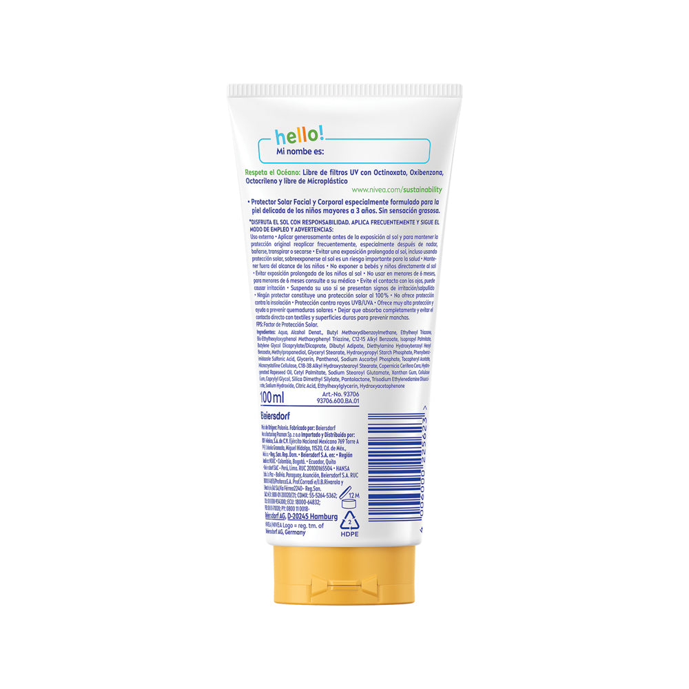 Nivea protector solar infantil para rostro y cuerpo FPS 50+ 100ml