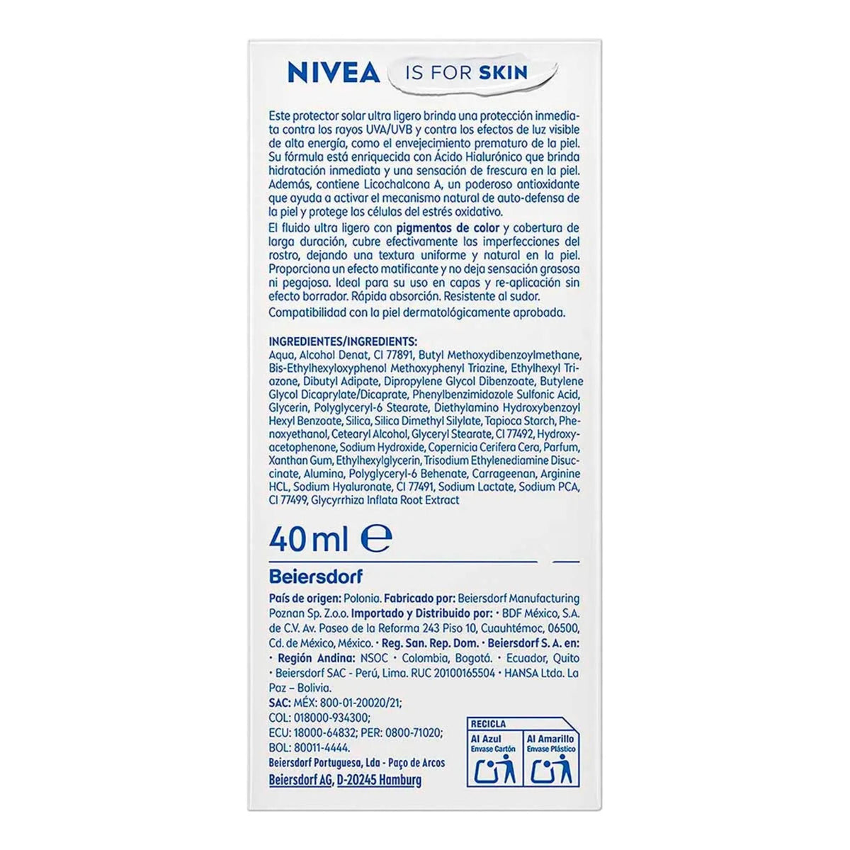 Nivea Protector Solar Facial Fluido Color Claro 40ml